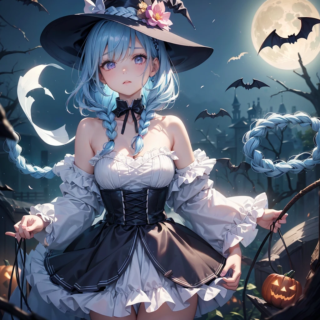 (Light blue medium hair:1.2),(Braided hair:1.2)、Pink eyes、Fair skin、cowboy shot、Halloween、The background is a pumpkin ghost、Crescent Moon、Trick or Treat、A lot of sweets、witch、Halloween night、Candy、many bat、Condescending expression、solo、(masterpiece、Highest quality、Very detailed、Best Shadow)、(Detailed Background)、(Beautifully detailed face)、High contrast、(Best lighting、Very delicate and beautiful)、(Cinematic Light)、colorful、Hyper Detail、Dramatic Light、Exquisite detail、