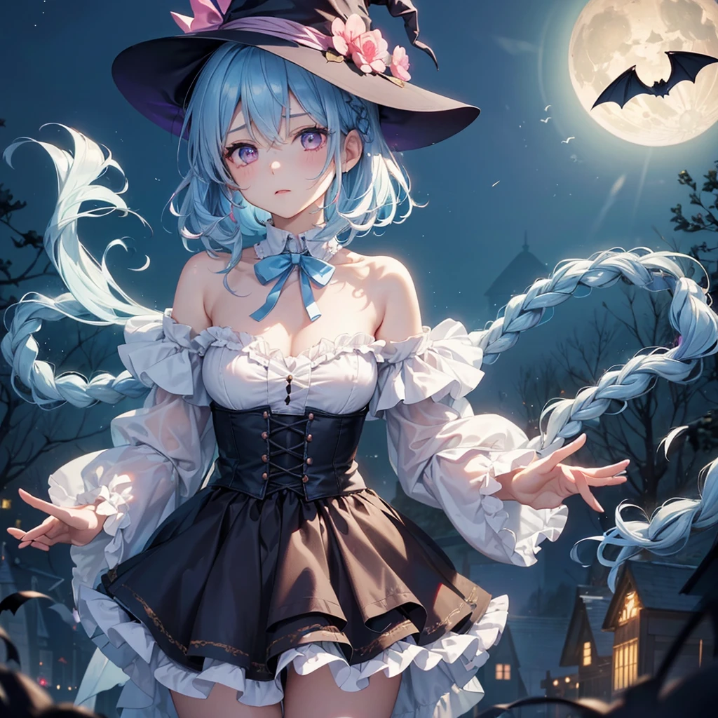 (Light blue medium hair:1.2),(Braided hair:1.2)、Pink eyes、Fair skin、cowboy shot、Halloween、The background is a pumpkin ghost、Crescent Moon、Trick or Treat、A lot of sweets、witch、Halloween night、Candy、many bat、Condescending expression、solo、(masterpiece、Highest quality、Very detailed、Best Shadow)、(Detailed Background)、(Beautifully detailed face)、High contrast、(Best lighting、Very delicate and beautiful)、(Cinematic Light)、colorful、Hyper Detail、Dramatic Light、Exquisite detail、
