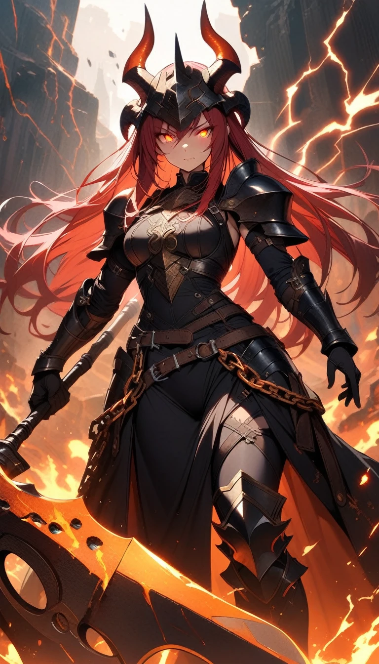((best quality)) , ((masterpiece)) , (detailed),axe, 1girl, female focus, horns, glowing eyes, holding, beard, glowing, solo, weapon, holding axe, facial hair, fire, holding weapon, chain, looking at viewer, long hair, lightning, red hair, horned helmet, armor, helmet, belt, fake horns, molten rock, feet out of frame, standing, battle axe, electricity