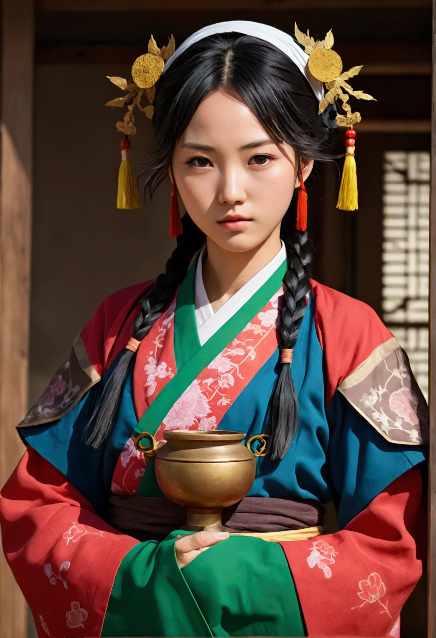 A character pictured in the art style of the anime called "the apothecary diaries" with mao mao. She is a fighter, but wears traditional clothes