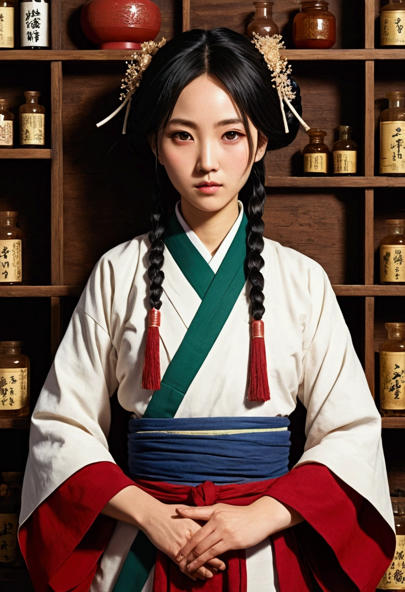 A character pictured in the art style of the anime called "the apothecary diaries" with mao mao. She is a fighter, but wears traditional clothes