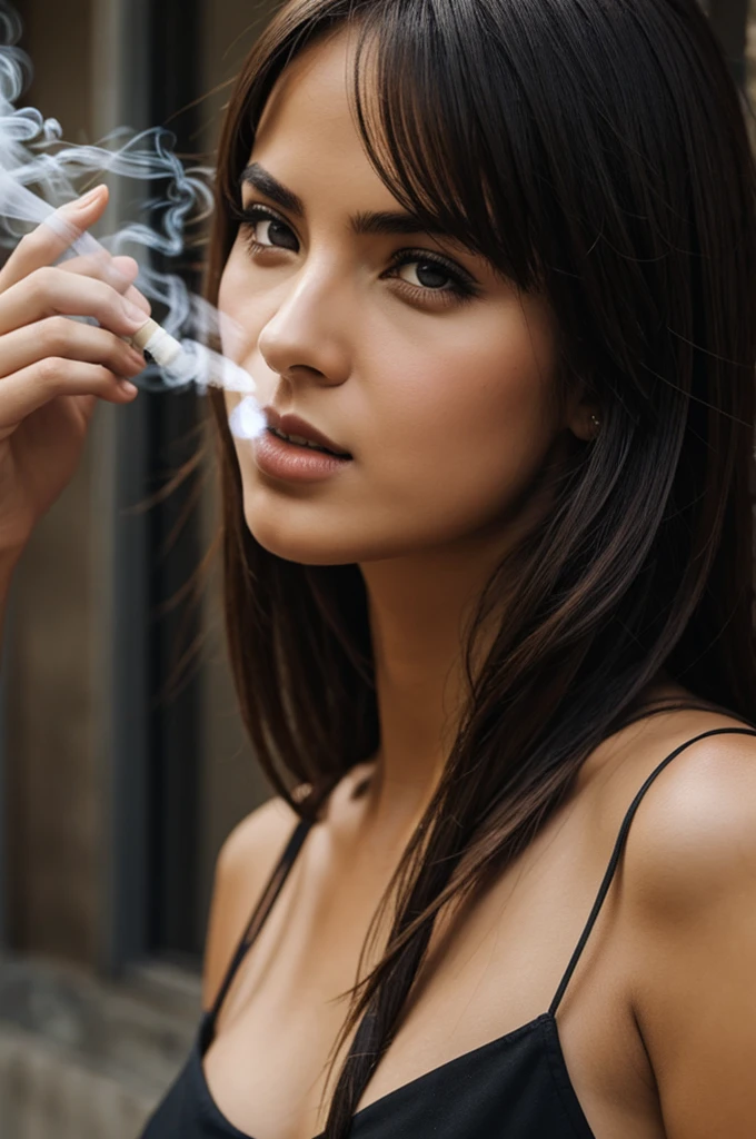 Young beautiful brunette woman holding a cigarette and she exhaling smoke. She have slim body and big round boobs. she wears black leather harnesses and her boobs are naked topless. Her look is seductive. Full body photography