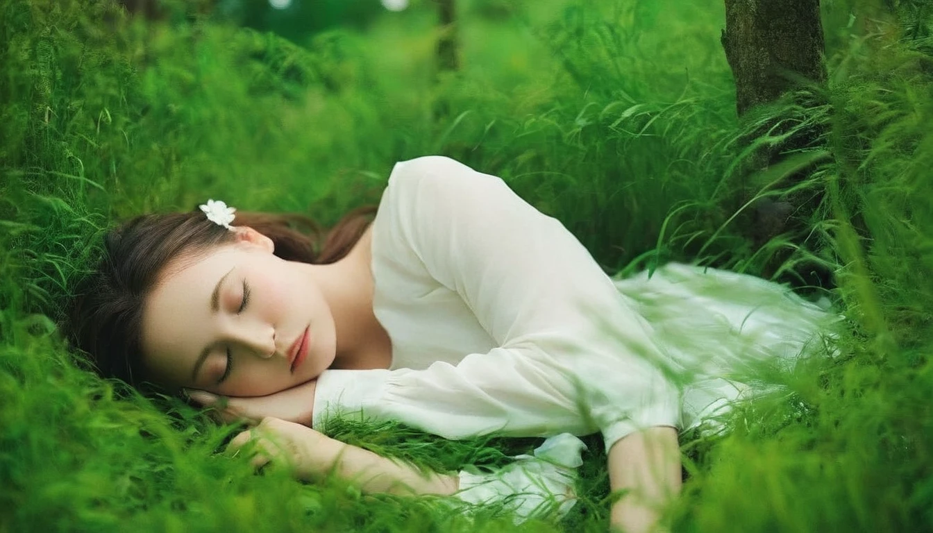 (masterpiece), Highest quality, One girl, (Sleeping in a forest of lush grass and leaves,Happy sleeping face),Realistic photos, Professional photos, ((Overlooking,A hazy atmosphere))