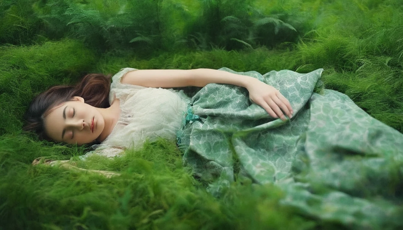 (masterpiece), Highest quality, One girl, (Sleeping in a forest of lush grass and leaves,Happy sleeping face),Realistic photos, Professional photos, ((Overlooking,A hazy atmosphere))