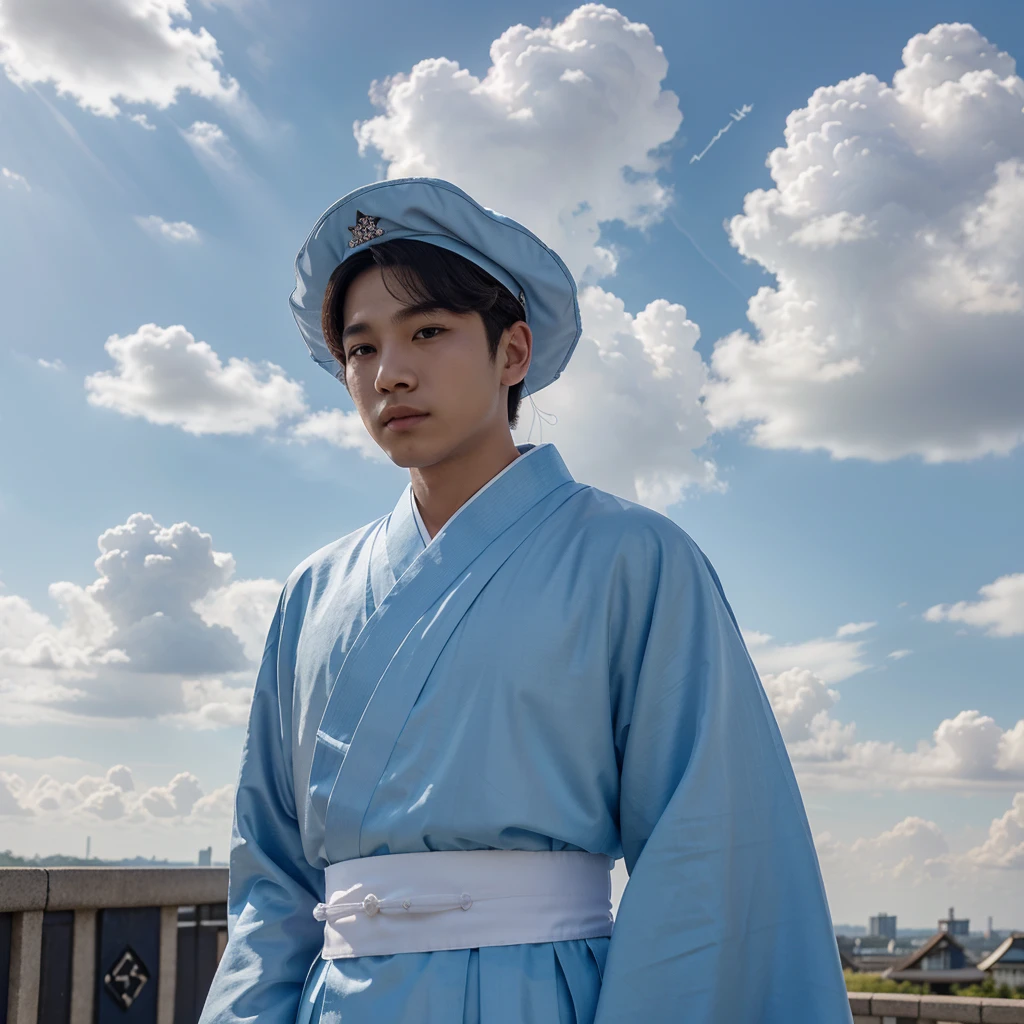 1boy, solo, looking at viewer, long sleeves, hat, closed mouth, upper body, outdoors, sky, day, cloud, blue sky, cloudy sky, crown, robe, korean clothes, traditional clothes, hanbok