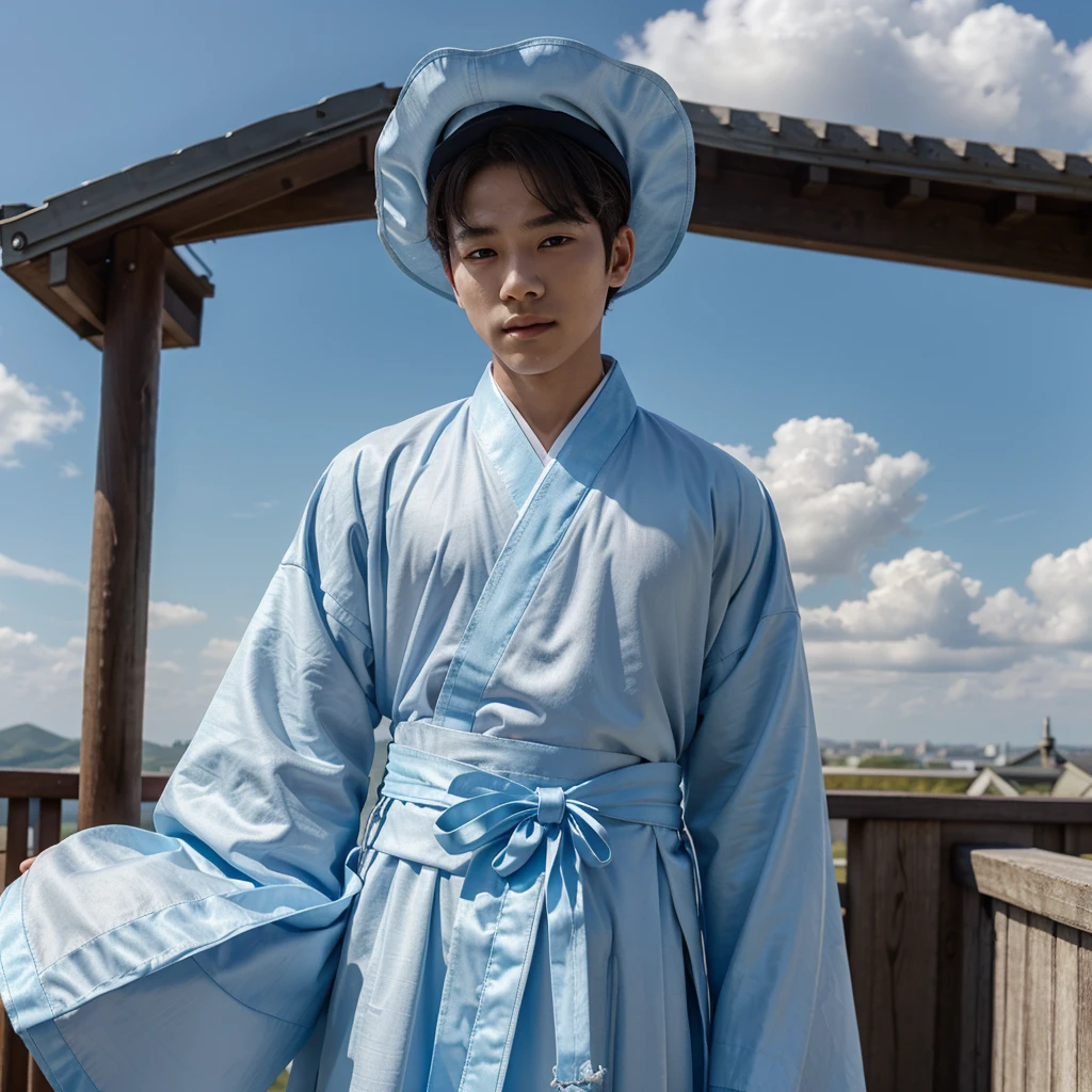 1boy, solo, looking at viewer, long sleeves, hat, closed mouth, upper body, outdoors, sky, day, cloud, blue sky, cloudy sky, crown, robe, korean clothes, traditional clothes, hanbok
