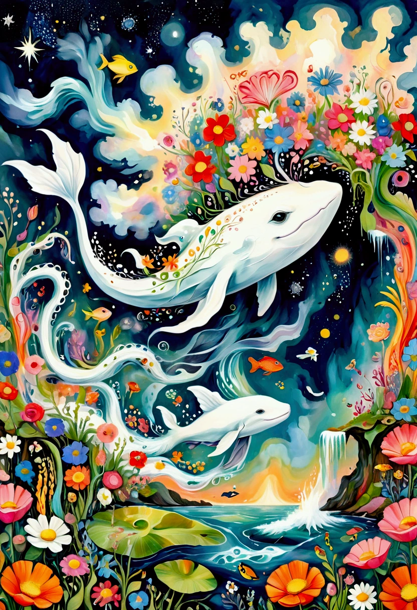 a child's whimsical doodle, thick impasto texture, oil pastel brushstrokes, an artist from the stars, a joyful child, flying white whale:1.37, erupting clouds, flowers, fish, octopus tentacles waterfall, birds, eyes, diatoms, collage abstract painting, depicting the inner world of an autistic person, large white areas, whimsical, innocent, hallucinatory, psychedelic art, dark starry sky