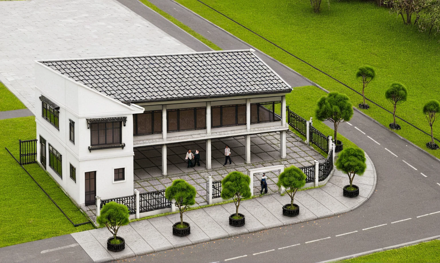Raw photo,Masterpiece, high quality, best quality, authentic, super detail,
exterior, outdoors, house style indochine on the street ,aiaigroup
road,pavement, grass, trees, sky, cloud, (day:1.1)