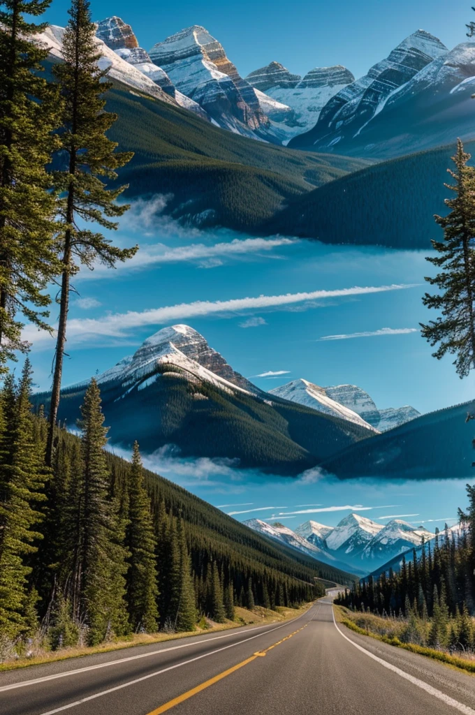 Embrace the breathtaking journey along a scenic road in Alberta, Canada 🇨🇦. The majestic snow-capped peaks rise dramatically against the clear blue sky, guiding your path through lush green forests and undulating hills. This awe-inspiring route invites you to experience the unparalleled beauty and grandeur of Alberta's natural landscapes.