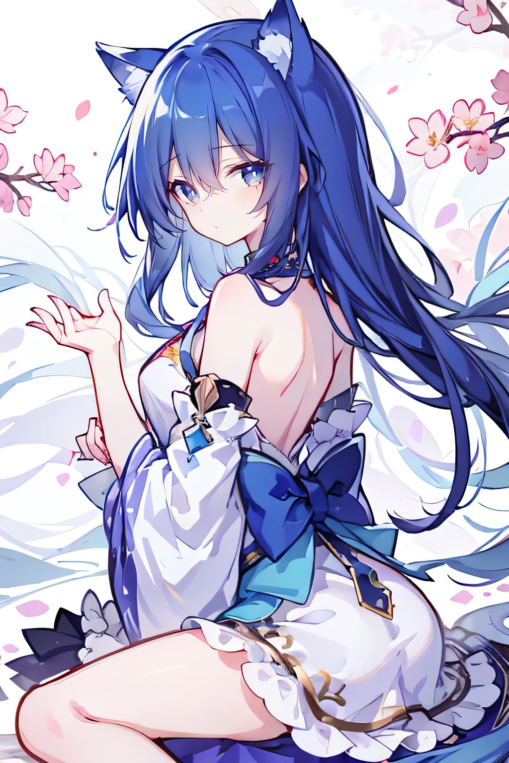 (masterpiece:1.2),Super detailed,lifelike,Expressive eyes,fair skin,perfect face shape,1 girl,
Japanese comics,Gorgeous blue hair,flowing blue hair,flowing clothes,Cat ears,Petals fall,beautiful lola,Baby Angel,
Shaking head with one hand,Cross your legs,,The pavilion is cool and comfortable,smile,back views,sunrise,Petals fall