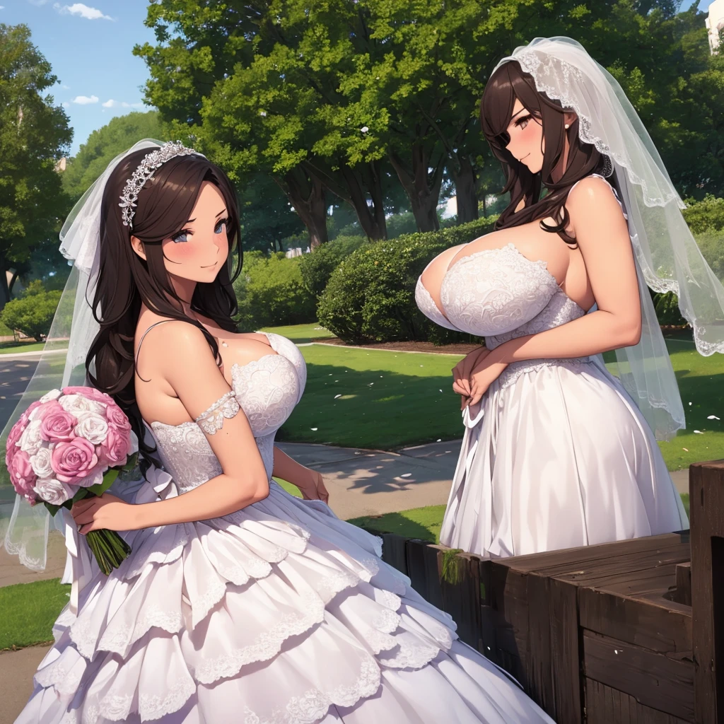 Girl with huge breasts in a micro bra in a wedding dress with a lace neckline in the park with a veil and bouquet
