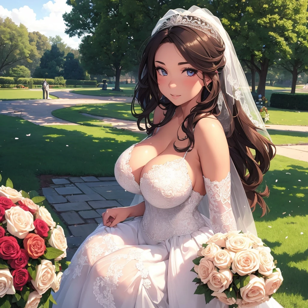 Girl with huge breasts in a micro bra in a wedding dress with a lace neckline in the park with a veil and bouquet