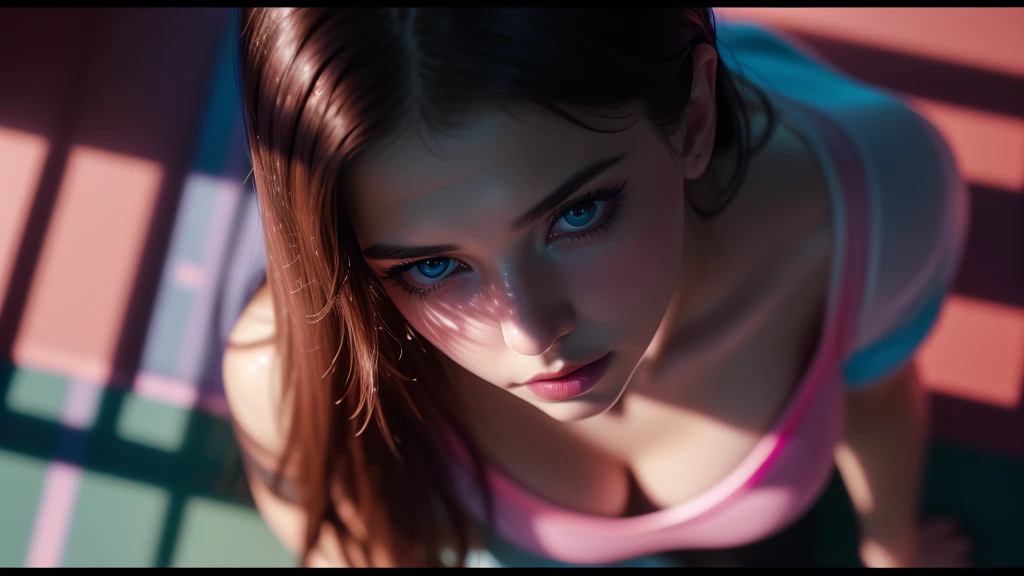 (((ultra realistic))) Photo, masterpiece, top quality, (pale skin), (Ultra detailed face and eyes:1.3), 1 girl, Adult, in a T-shirt, ((Eye makeup, mascara)), (large detailed lips), ((Pink волосы в хвост)), ((Chyolka)) , (Natural breasts), Slim waist. ((Posing)), photoshoot, studio (soft lighting), (The play of light and shadows), depth of field, bokeh, (special attention to skin detail: 1.2), Detailed leather texture, skin pores. (Warm atmosphere of the frame. Color range - purple, Pink, blue tones), UDR, ((Film grain)), ((rays)), (Glare), ((Photo to the waist, view from above)) , ultra detialed,