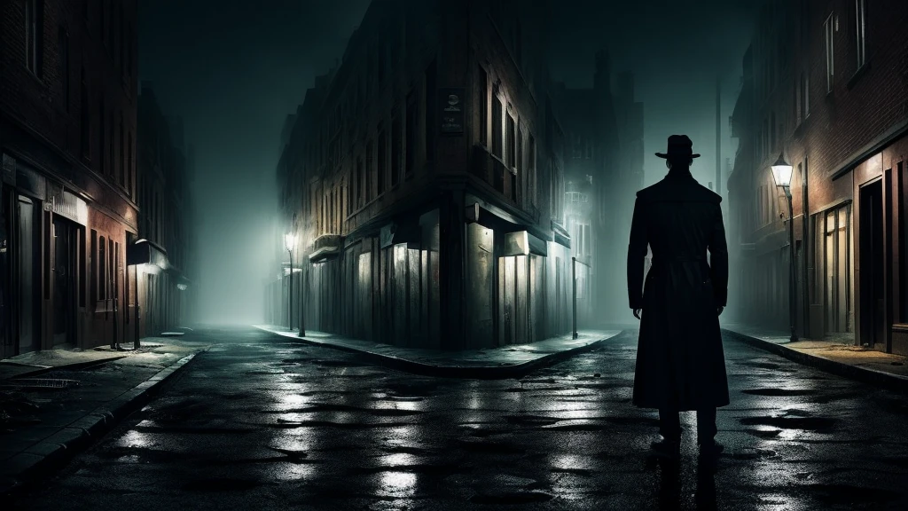 a dark and ominous logo featuring a shadowy figure in a trench coat holding a magnifying glass, standing under a dim streetlight with blood splatters in the background, an eerie, deserted alley with mist rolling in, a chilling and suspenseful atmosphere with a sense of lurking danger, Illustration, digital art with high contrast and sharp details, --ar 1:1 --v 5