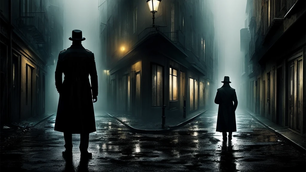a dark and ominous logo featuring a shadowy figure in a trench coat holding a magnifying glass, standing under a dim streetlight with blood splatters in the background, an eerie, deserted alley with mist rolling in, a chilling and suspenseful atmosphere with a sense of lurking danger, Illustration, digital art with high contrast and sharp details, --ar 1:1 --v 5