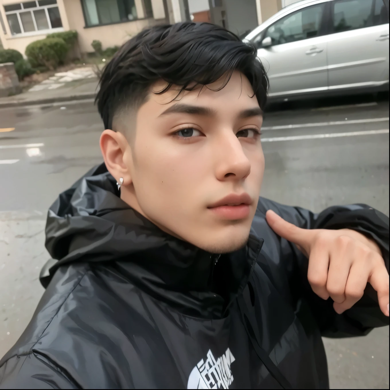 Youngh, age 25, offwhite, smooth handsome goatee, clear and deep eyes, he wears a black windbreaker and straight black hair, cute earring