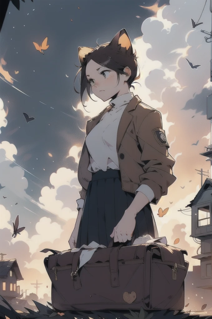 1girl, An anime-style character, female, standing on a ledge overlooking a city in a state of disrepair. The character has cat ears and is dressed in a , featuring a brown jacket and a pleated skirt. She carries a satchel over her shoulder.
The city below appears to be abandoned, with broken and overgrown structures. The warm, golden light of the setting sun casts long shadows and bathes the scene in a soft glow, creating a beautiful yet poignant contrast with the surrounding decay. The sky is partly cloudy with a few scattered leaves or debris caught in the breeze, adding to the sense of desolation and quiet.
The overall composition evokes a sense of solitude and contemplation, as the character gazes at the distant horizon, suggesting themes of resilience, hope, or a journey.