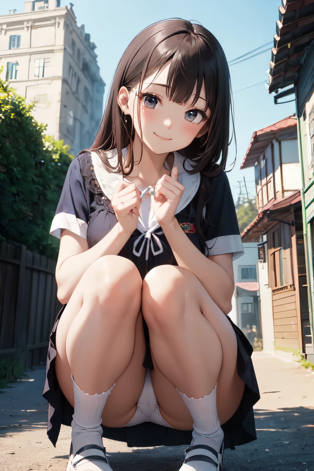 very cute and beautiful girl,(Very detailed美しい顔), (smile),blush,Black Hair,Seraphim,(White Shirt、Pleated navy blue pread your legs、Squat)、Sitting、(From below)、(Lacy white panties), Country road, (Highest quality,masterpiece:1.0),Absurd,High resolution,Super detailed,Very detailed,32K,8k resolution, Intricate details,Movie Scenes,Detailed Background,alone,Dynamic Angle,