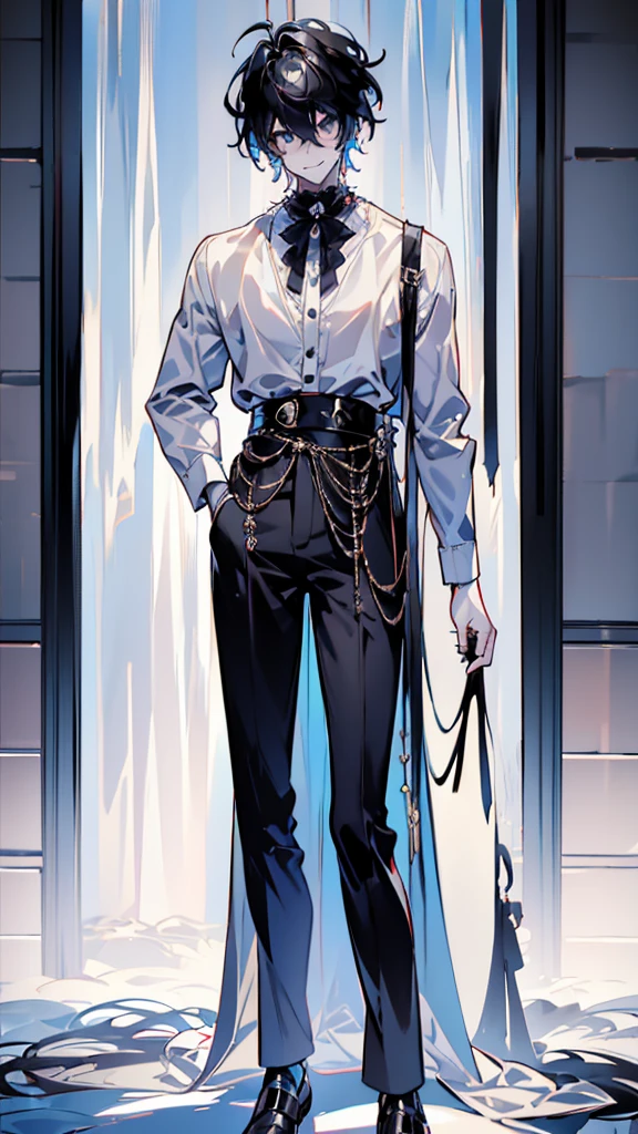 1 boy, man, perfect anatomy, mesmerizing black eyes, 8k resolution, (one person), (realism: 1.2), (masterpiece: 1.2), (cowboy frame: 1.2), dark romantic lighting, (high detail: 1.2), (detailed face: 1.2), (full body shot: 1.2), (gradients), bright, detailed eyes, (natural light: 1.2), solo, hotel, indoors, perfect lighting, (black lips), vampire fangs, perfect facial features, perfect angle, perfectly drawn eyes, man, smile, full-length, skinny