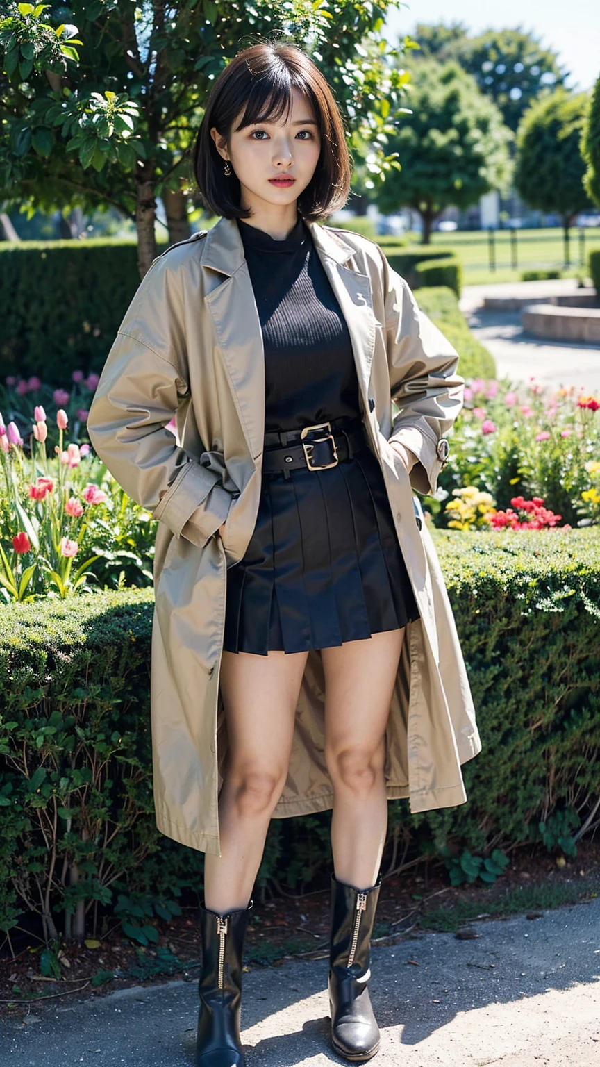 (8k、RAW Photos、Highest quality、masterpiece:1.2)、(Realistic、Realistic)、1 Girl、((coat、黒いhort Hair、mini skirt、boots、garden、View from the front、Looking at the camera、belt、Hands on your hips))、cute