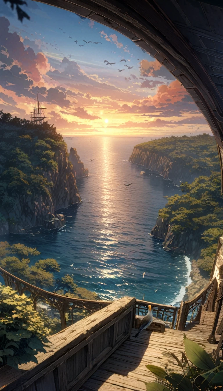  anime aestetics, anime scenery, view from the cliff next to the ocean, large sailing ship at the ocean, red and white sail, blue flag, made of dark brown trees, old ship, traidors ship, calm atmosphere, early mourning, a new dawn, majula, birds flying at the sky, a few orange clouds, little waves, peaceful view, wide shot, atmospheric perspective, perspective, 4K, high quality, best quality, super detail, masterpiece