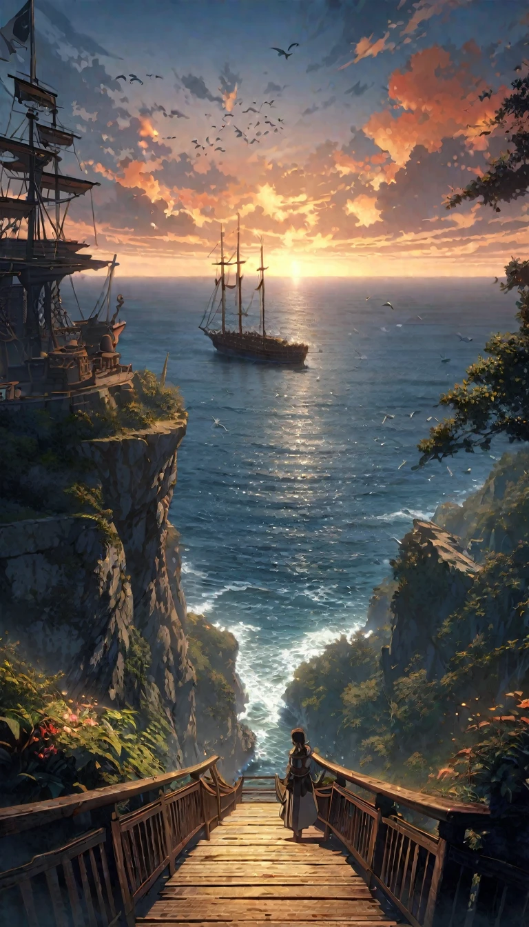 anime aestetics, anime scenery, view from the cliff next to the ocean, large sailing ship at the ocean, red and white sail, blue flag, made of dark brown trees, old ship, traidors ship, calm atmosphere, early mourning, a new dawn, majula, birds flying at the sky, a few orange clouds, little waves, peaceful view, wide shot, atmospheric perspective, perspective, 4K, high quality, best quality, super detail, masterpiece