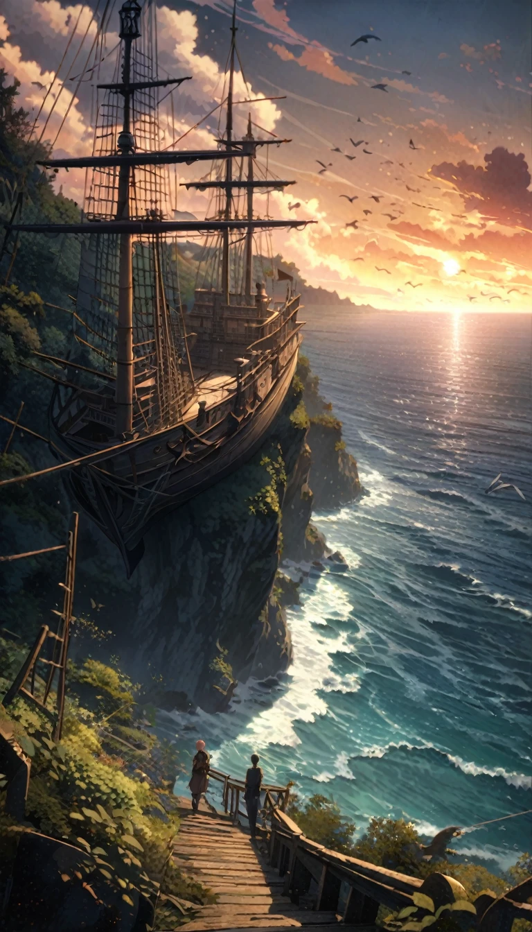 anime aestetics, anime scenery, view from the cliff next to the ocean, large sailing ship at the ocean, red and white sail, blue flag, made of dark brown trees, old ship, traidors ship, calm atmosphere, early mourning, a new dawn, majula, birds flying at the sky, a few orange clouds, little waves, peaceful view, wide shot, atmospheric perspective, perspective, 4K, high quality, best quality, super detail, masterpiece