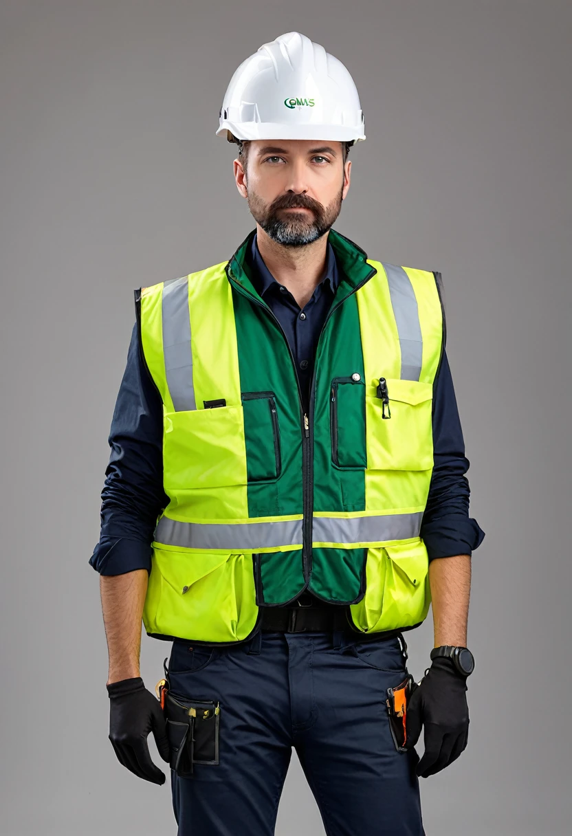 Cygnus olor with safety helmet and green inspector vest 