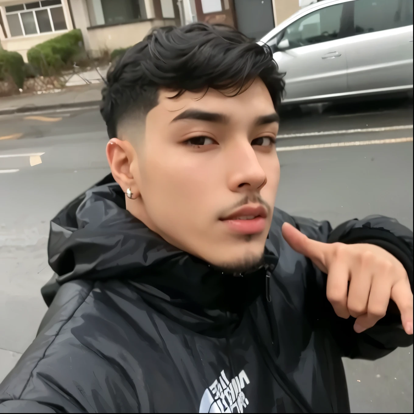 Youngh, age 25, offwhite, smooth handsome goatee, clear and deep eyes, he wears a black windbreaker and straight black hair, cute earring