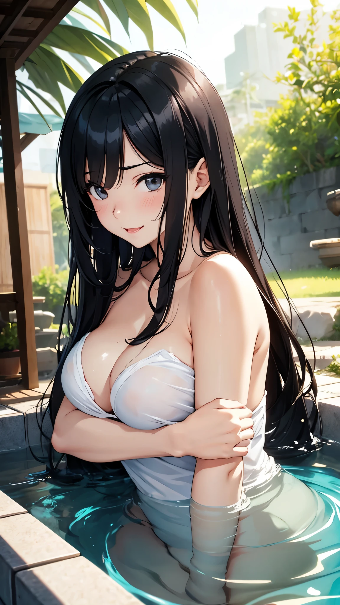 realistic, single girls pictures, Wearing a sexy bikini, big breasts, Vulgarity、smile、(sweat,wet)、(((detailed and beautiful eyes, detailed person)))、Ocean、(full shot)