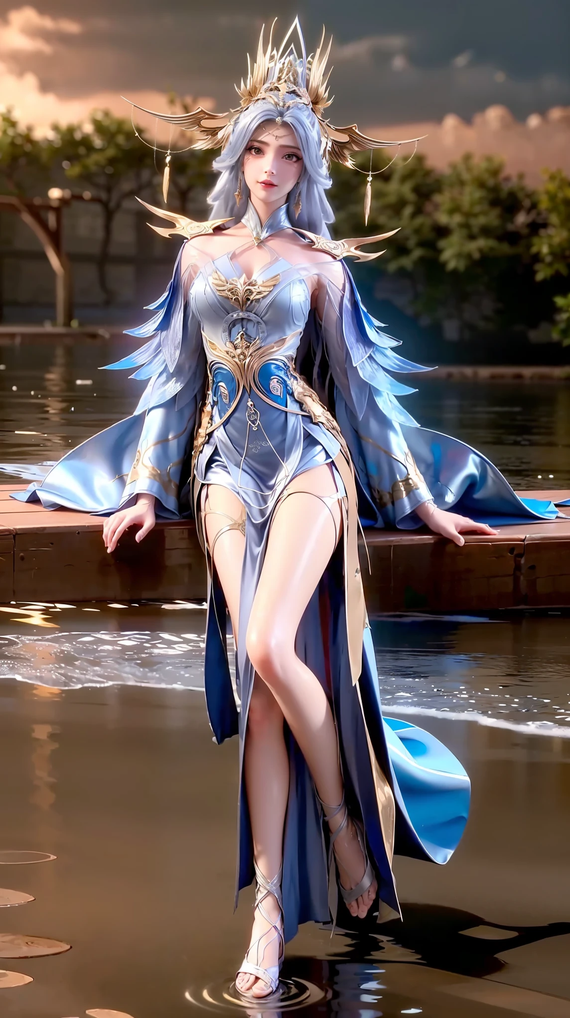 一个女孩躺在Starry Sky下的床上, Exquisite smile, Beautiful and delicate eyes, Beautiful and delicate lips, Extremely delicate face and eyes, Long eyelashes, Sexy body, Flowing hair, Best image quality, Famous works, Ultra-high resolution, (Practical :1.4), original photo, (Pretty Face :1.2), (Lying on the water :1.5), 1 girl, (Surreal), (8K), (4K), Physical Rendering, Starry Sky, ((full-body shot)), barefoot, Cross-legged, Wearing a dress