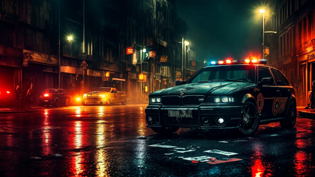 a gritty logo featuring a cracked detective badge with a bloodstained knife piercing through it, set against a backdrop of crime scene tape and police sirens, a gritty urban street at night with flashing blue and red lights, a tense and foreboding atmosphere filled with mystery and intrigue, Artwork, oil painting with heavy textures and dramatic lighting, --ar 1:1 --v 5