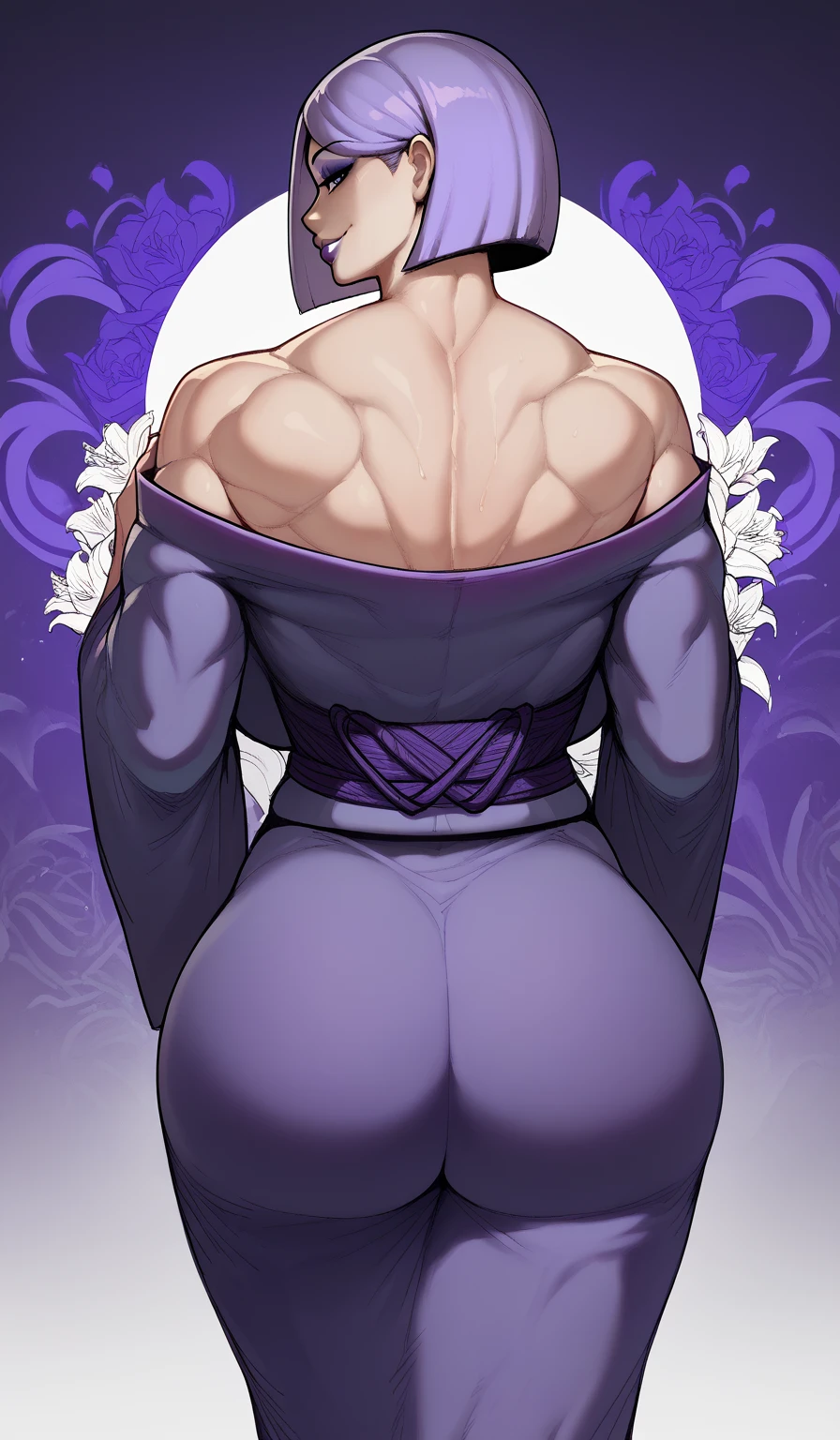 score_9, score_8_up, score_7_up, score_6_up, score_5_up, score_4_up, BREAK 1girl, ((muscular body:1)), intricate, kimono, (eyeliner:1.2), looking at viewer, bob hairstyle, purple hair, detailed background,huge breasts (masterpiece, high quality:1), backshot, looking at viewer, lustful smile, breeding intention, purple lipstick, muscular back, back pose, lily (Duolingo), undressed kimono showing back, dump truck ass, wet, sweating 
