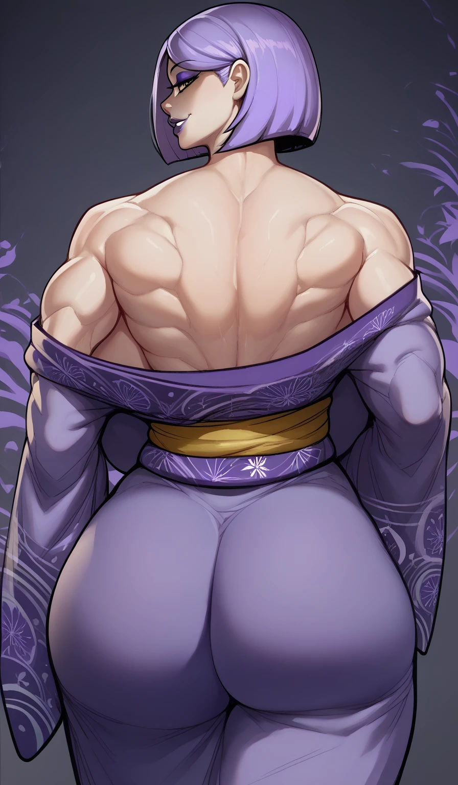 score_9, score_8_up, score_7_up, score_6_up, score_5_up, score_4_up, BREAK 1girl, ((muscular body:1)), intricate, kimono, (eyeliner:1.2), looking at viewer, bob hairstyle, purple hair, detailed background,huge breasts (masterpiece, high quality:1), backshot, looking at viewer, lustful smile, breeding intention, purple lipstick, muscular back, back pose, lily (Duolingo), undressed kimono showing back, dump truck ass, wet, sweating 
