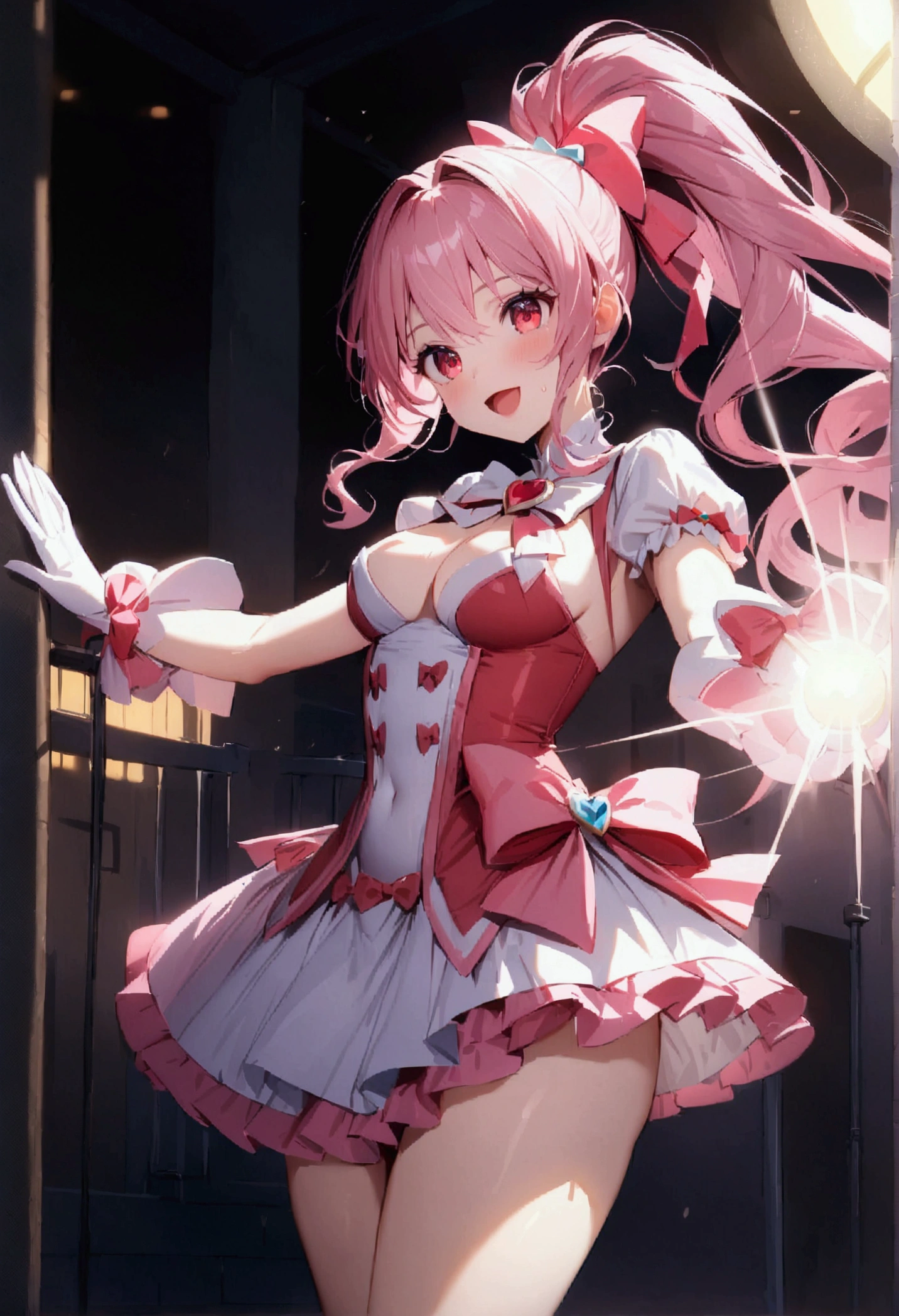 (((greatest masterpiece, ultimate quality, ultra-detailed, movie lighting, perfectly sensual))), One girl, Cure Lovely, pink hair, ponytail, red eyes, perfectly sensual cute mini PreCure costume, shoots beams from her eyes during battle, just like a robot anime, bank, Overflowing with curves, bow :d,👙,🍈🍈,🌮,🦏,🤯🎇🤯🎇🤯