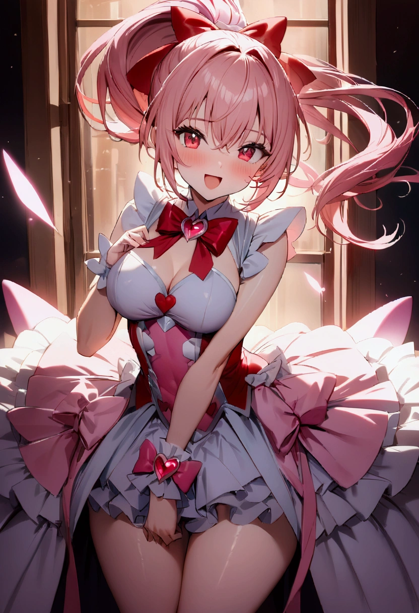 (Highest quality,High resolution,Very detailed,girl)black tights,Pink Hair,Twin tails and short hair,Height: 160cm,cute,Big Breasts,Pink Eyes,Wearing a black uniform,Her eyes are white and shining,Has bright white eyes,Her eyes are hearts,The chest is exposed,Drops are falling from her eyes,