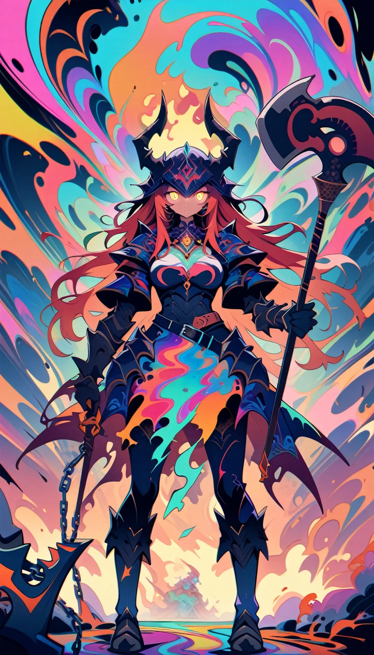 ((best quality)) , ((masterpiece)) , (detailed),axe, 1girl, female focus, horns, glowing eyes, holding, beard, glowing, solo, weapon, holding axe, facial hair, fire, holding weapon, chain, looking at viewer, long hair, lightning, red hair, horned helmet, armor, helmet, belt, fake horns, molten rock, feet out of frame, standing, battle axe, electricity,(((psychedelic style . vibrant colors, swirling patterns, abstract forms, surreal, trippy)))