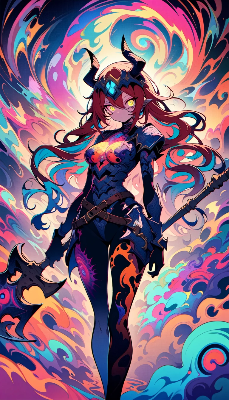 ((best quality)) , ((masterpiece)) , (detailed)，axe, 1girl, female focus, horns, glowing eyes, holding, beard, glowing, solo, weapon, holding axe, facial hair,  fire, holding weapon, chain, looking at viewer, long hair, lightning,  red hair, horned helmet, armor, helmet, belt, fake horns, molten rock, feet out of frame, standing, battle axe, electricity,(((psychedelic style . vibrant colors, swirling patterns, abstract forms, surreal, trippy)))