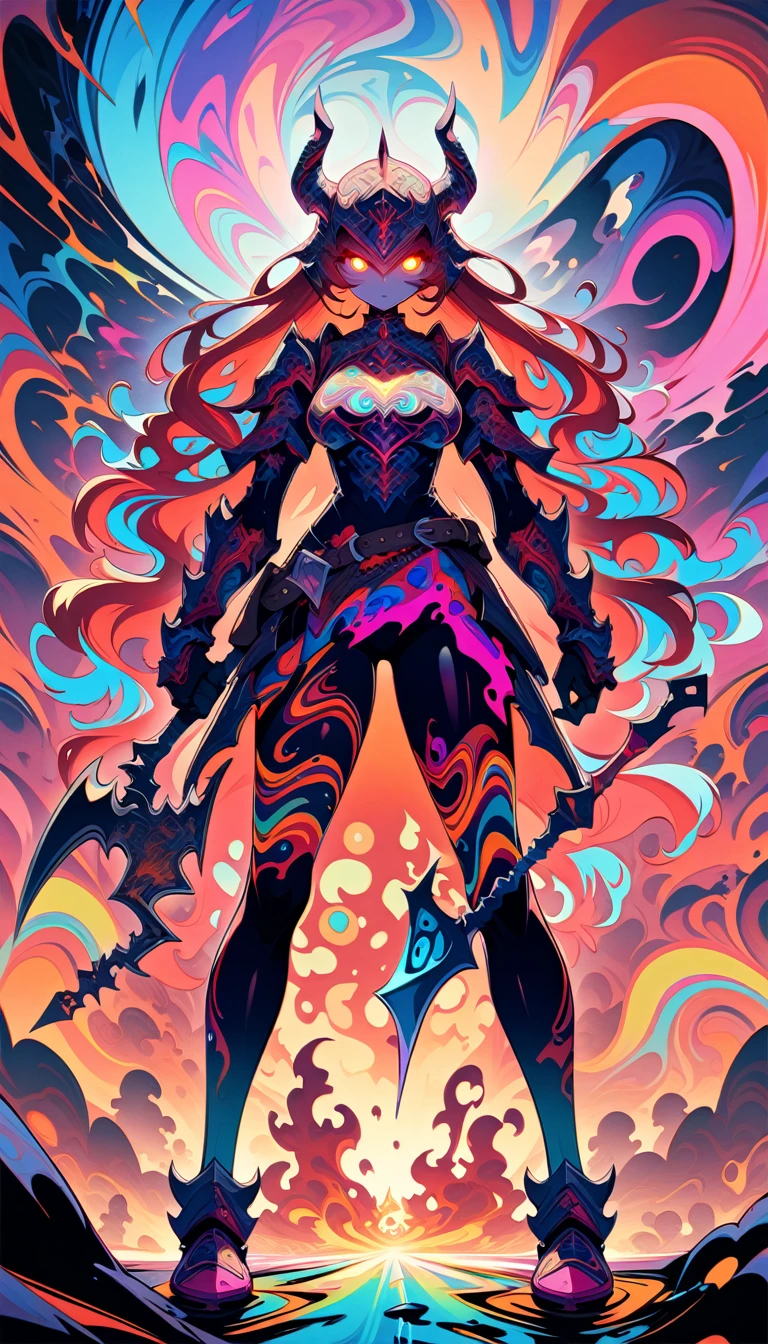 ((best quality)) , ((masterpiece)) , (detailed),axe, 1girl, female focus, horns, glowing eyes, holding, beard, glowing, solo, weapon, holding axe, facial hair, fire, holding weapon, chain, looking at viewer, long hair, lightning, red hair, horned helmet, armor, helmet, belt, fake horns, molten rock, feet out of frame, standing, battle axe, electricity,(((psychedelic style . vibrant colors, swirling patterns, abstract forms, surreal, trippy)))
