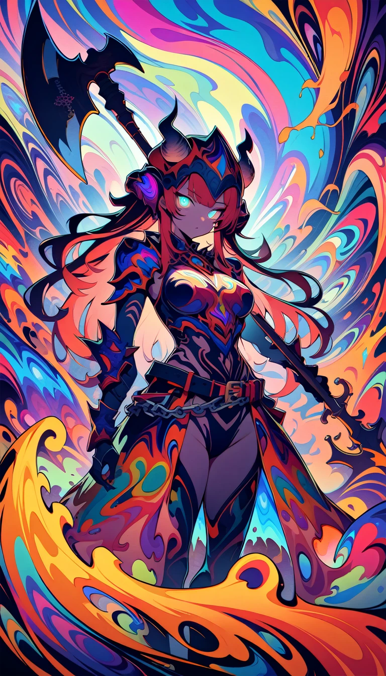 ((best quality)) , ((masterpiece)) , (detailed),axe, 1girl, female focus, horns, glowing eyes, holding, beard, glowing, solo, weapon, holding axe, facial hair, fire, holding weapon, chain, looking at viewer, long hair, lightning, red hair, horned helmet, armor, helmet, belt, fake horns, molten rock, feet out of frame, standing, battle axe, electricity,(((psychedelic style . vibrant colors, swirling patterns, abstract forms, surreal, trippy)))