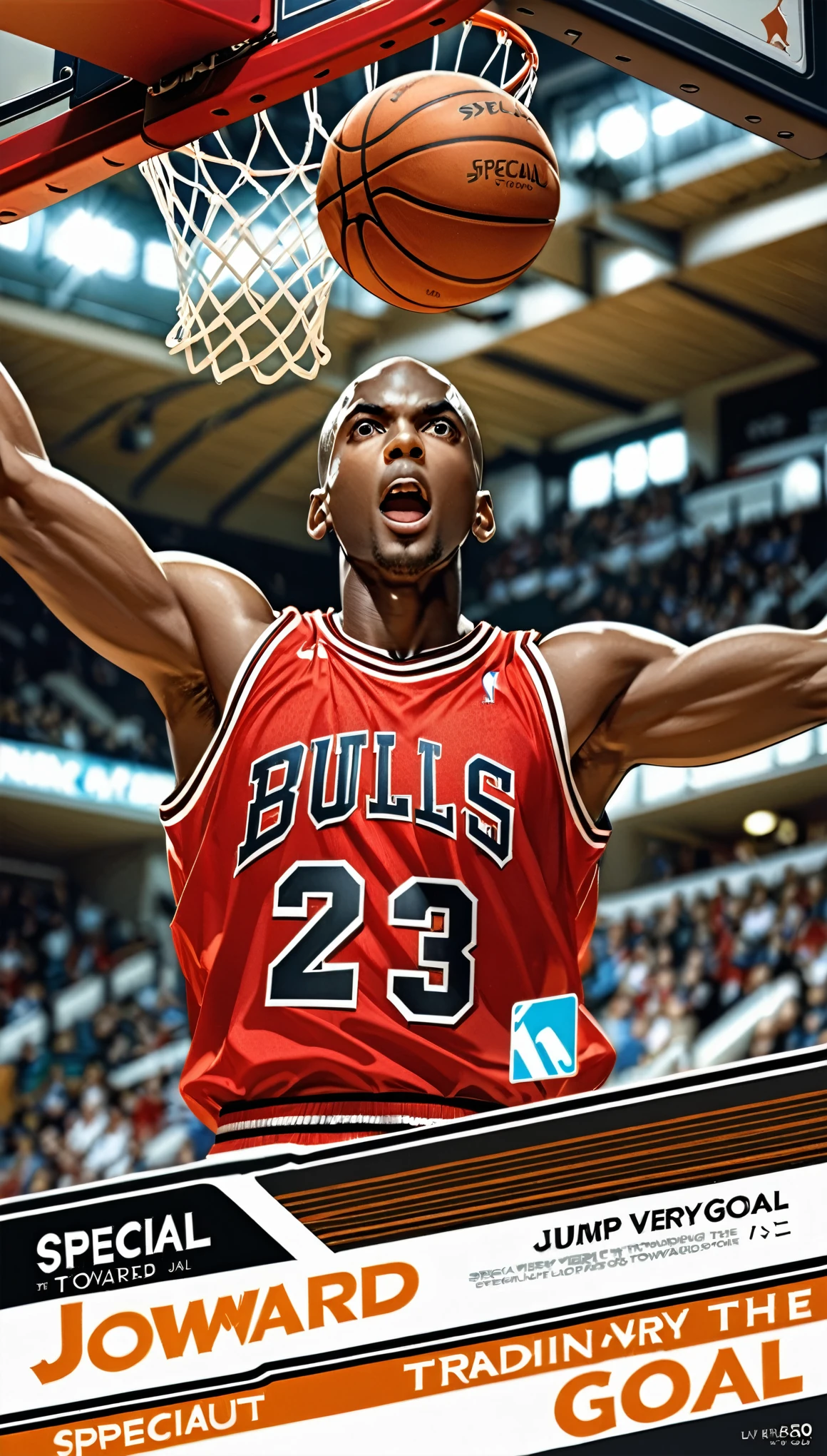 (masterpiece:1.2,Highest quality,Highest quality,High resolution),(Super detailed),(Anime Style),8k,wallpaper,One Man,Black,Basketball Player,Michael Jordan,Detailed face,Sticking out tongue,Chicago Bulls Uniforms,((front)),((Directly above)),((Lean your body back)),(((Jump very high towards the goal:1.6))),((Look up at the ball)),((Slam Dunk:1.6)),(((Dynamic Angles),Basketball Court,(((Background Blur))),(((Upper body close-up))),((From below)),(Basketball Playerトレーディングカード),(((Beautiful trading cards:1.2))),((Special trading cards:1.3)),((Upper Deck inspired design:1.2))
