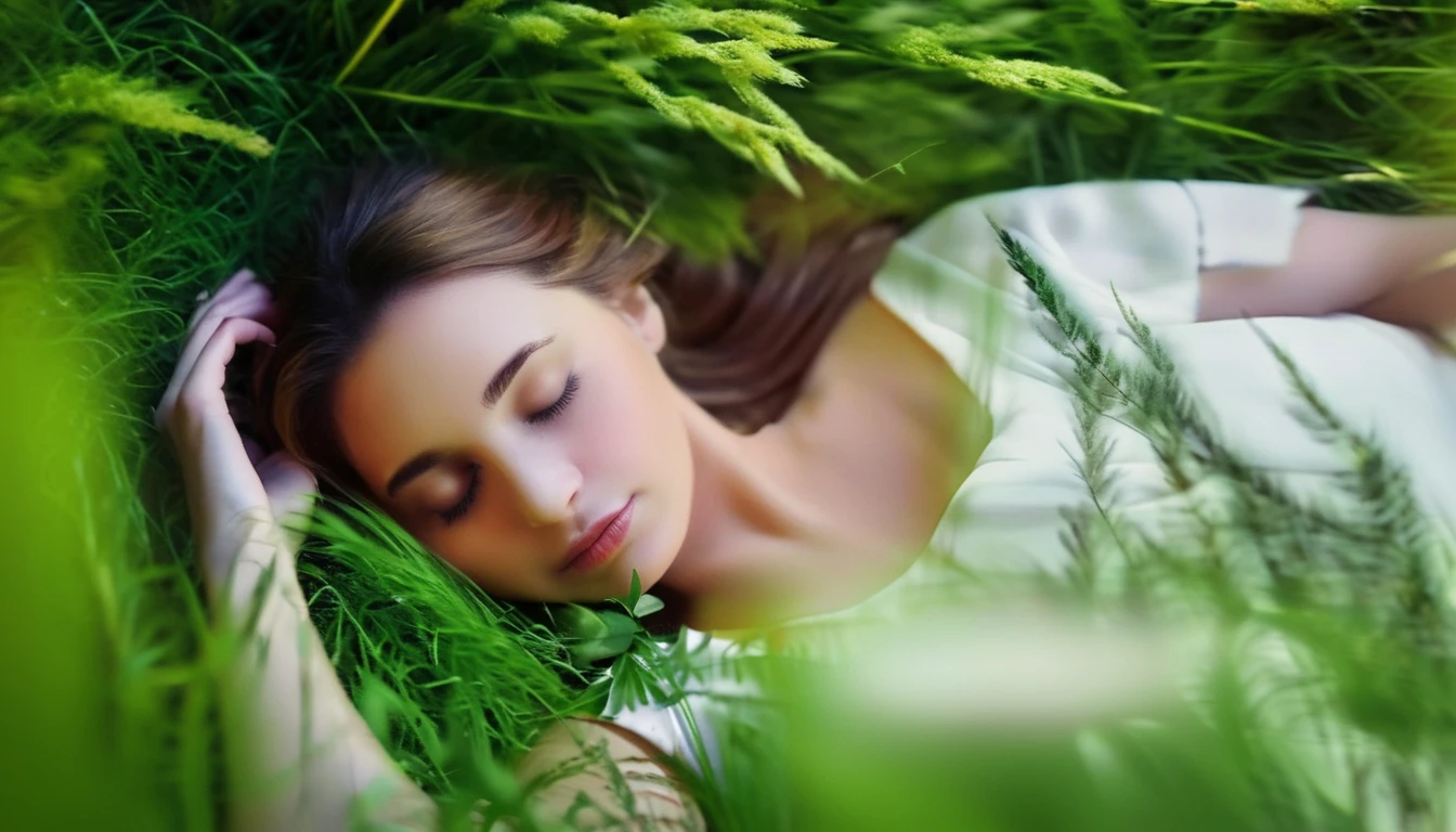 (masterpiece), Highest quality, One girl, (Sleeping in a forest of lush grass and leaves,Happy sleeping face),Realistic photos, Professional photos, ((Overlooking,A hazy atmosphere))