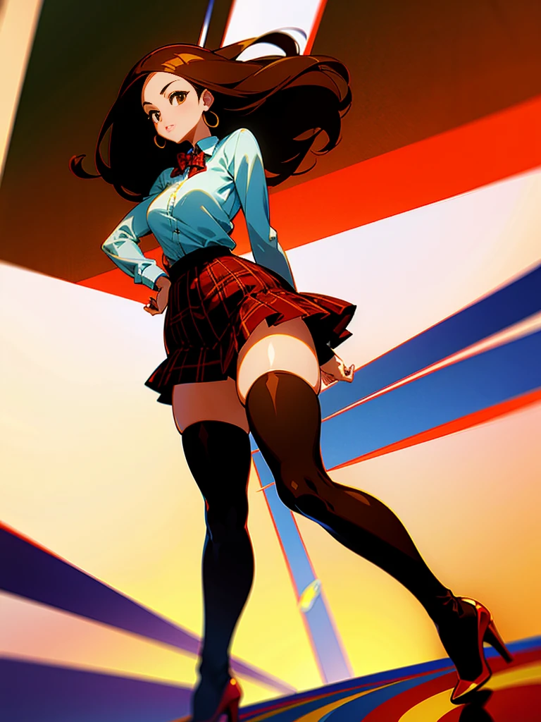High quality Anime latina, brown hair, brown skin, very curvy, (skinny), wide hips, thick thighs, were plaid micro skirt, stockings and high heels