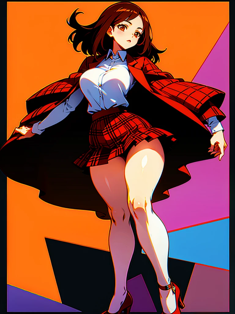 High quality Anime latina, brown hair, brown skin, very curvy, (skinny), wide hips, thick thighs, were plaid micro skirt, stockings and high heels