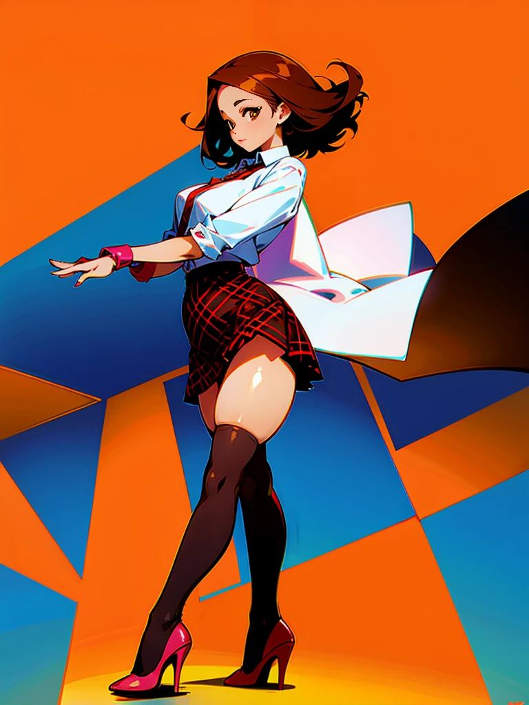 High quality Anime latina, brown hair, brown skin, very curvy, (skinny), wide hips, thick thighs, were plaid micro skirt, stockings and high heels