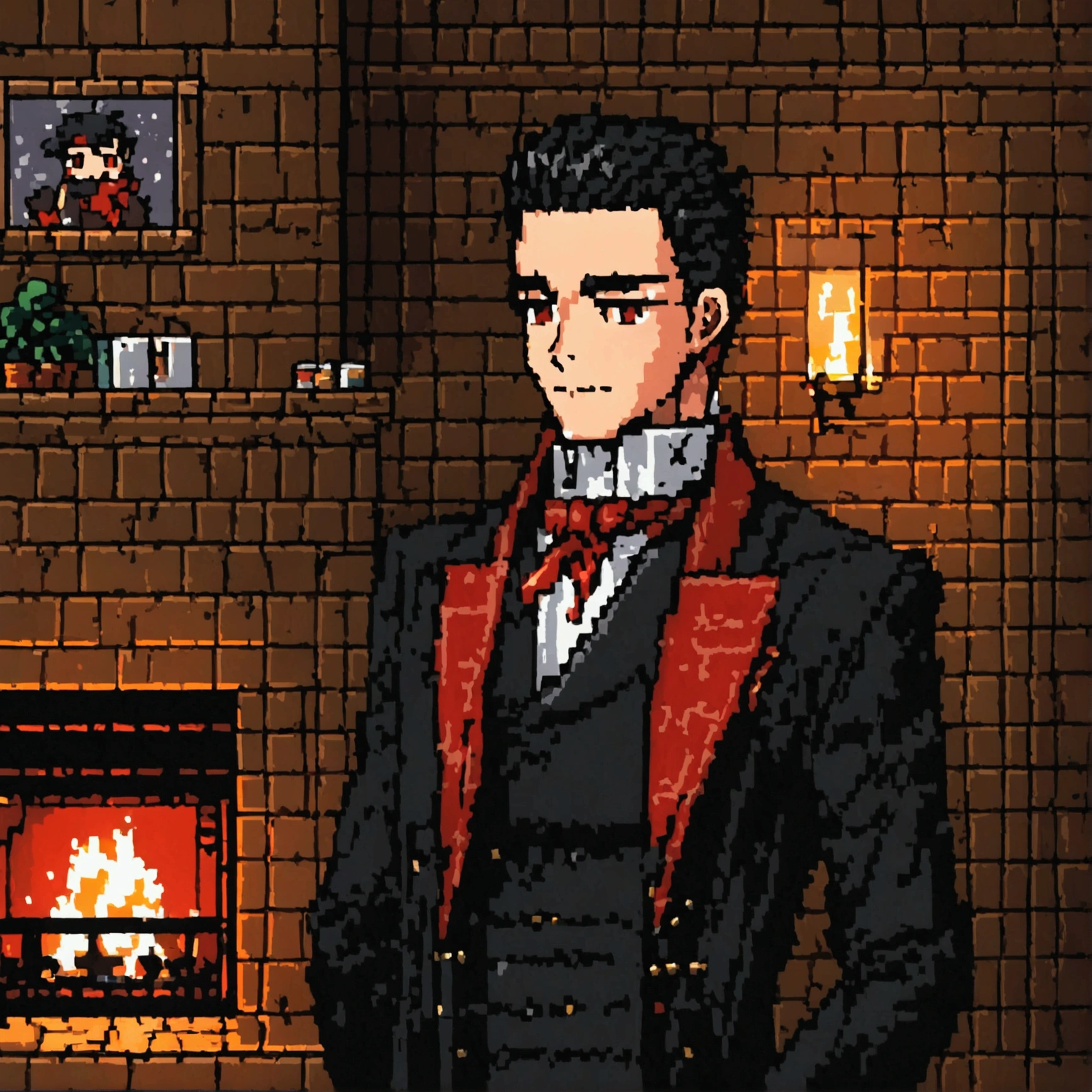 Pixel aRt of man weaRing black formal suitand red cravat, #pixelaRt:3, lofi poRtRait, estilo anime plano, sombreamento estilo anime plano, # pixelaRt, #pixelaRt, /R/pixelaRt, anime style chaRacteR, visual novel spRite, em estilo anime, poRtRait pixel aRt dRawing, jovem anime homem, pixelaRt, cabelo preto, black hair, hair slicked back, visão de frente, stading, olhando para a frente, details eye, young man 20 years old, young man, have red shining eyes, he sets on a comfortable traditional seat, background is in a cozy living room in wooden log house with fireplace, snowy winter outside