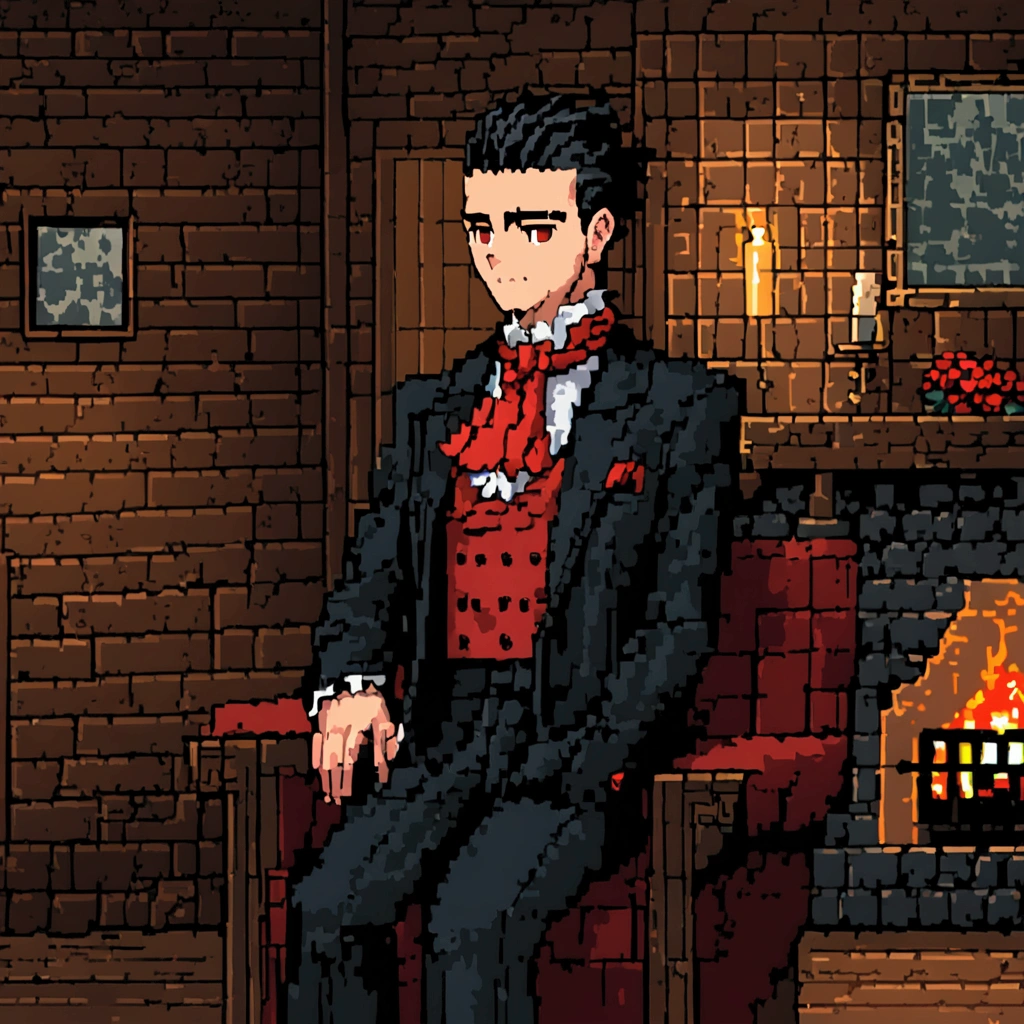 Pixel aRt of man weaRing black formal suitand red cravat, #pixelaRt:3, lofi poRtRait, estilo anime plano, sombreamento estilo anime plano, # pixelaRt, #pixelaRt, /R/pixelaRt, anime style chaRacteR, visual novel spRite, em estilo anime, poRtRait pixel aRt dRawing, jovem anime homem, pixelaRt, cabelo preto, black hair, hair slicked back, visão de frente, stading, olhando para a frente, details eye, young man 20 years old, young man, have red shining eyes, he sets on a comfortable seat, background is in a cozy living room in wooden log house with fireplace, snowy winter outside