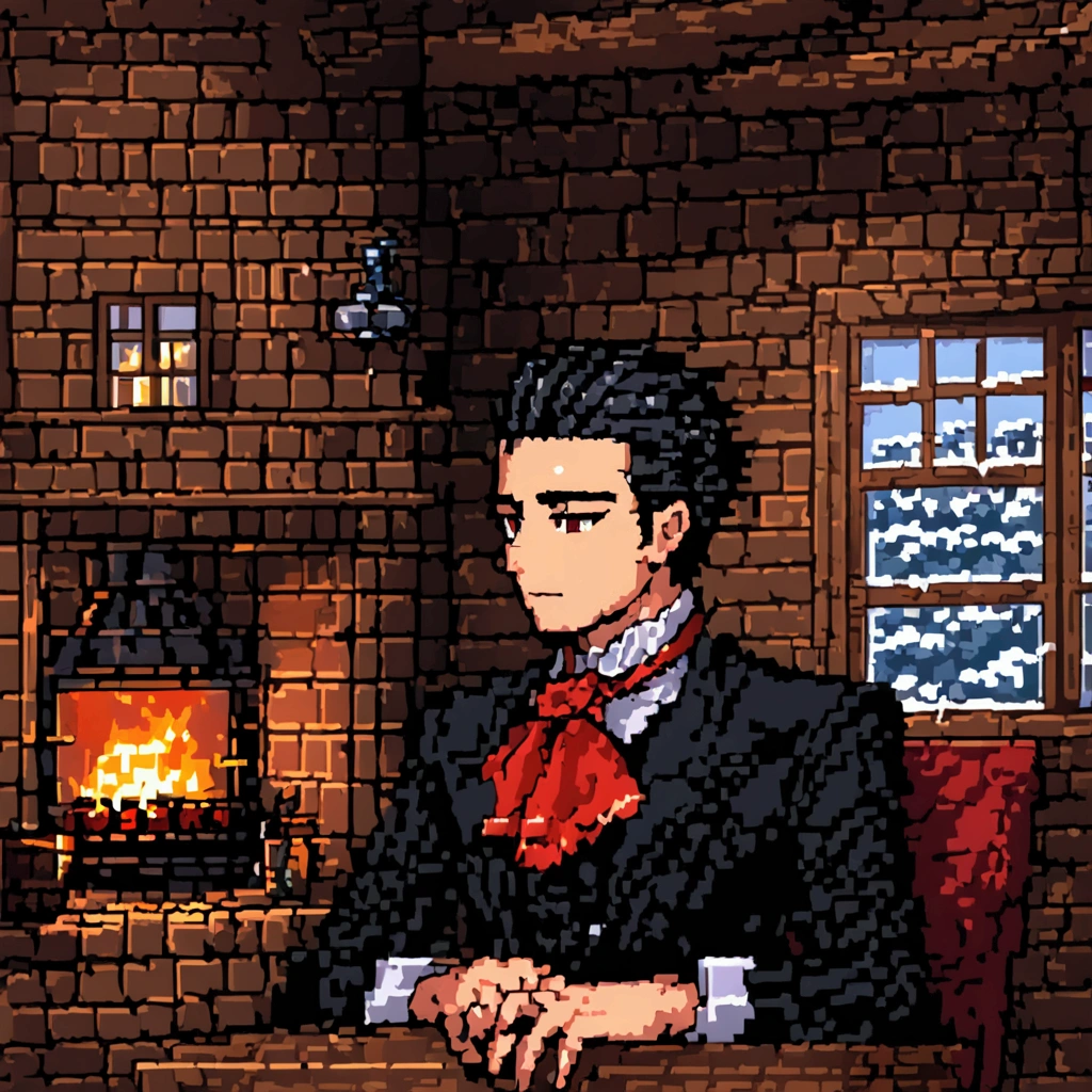 Pixel aRt of man weaRing black formal suitand red cravat, #pixelaRt:3, lofi poRtRait, estilo anime plano, sombreamento estilo anime plano, # pixelaRt, #pixelaRt, /R/pixelaRt, anime style chaRacteR, visual novel spRite, em estilo anime, poRtRait pixel aRt dRawing, jovem anime homem, pixelaRt, cabelo preto, black hair, hair slicked back, visão de frente, stading, olhando para a frente, details eye, young man 20 years old, young man, have red shining eyes, he sets on a comfortable traditional seat, background is in a cozy living room in wooden log house with fireplace, snowy winter outside