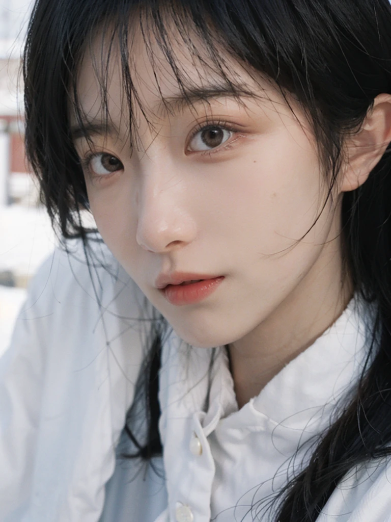 Best quality, Ultra-high resolution, white backgrounid,(realistically:1.4), girl, A pair of eyes as clear as snow,Imperial sister,Black long straight, looking at viewert, close up ,