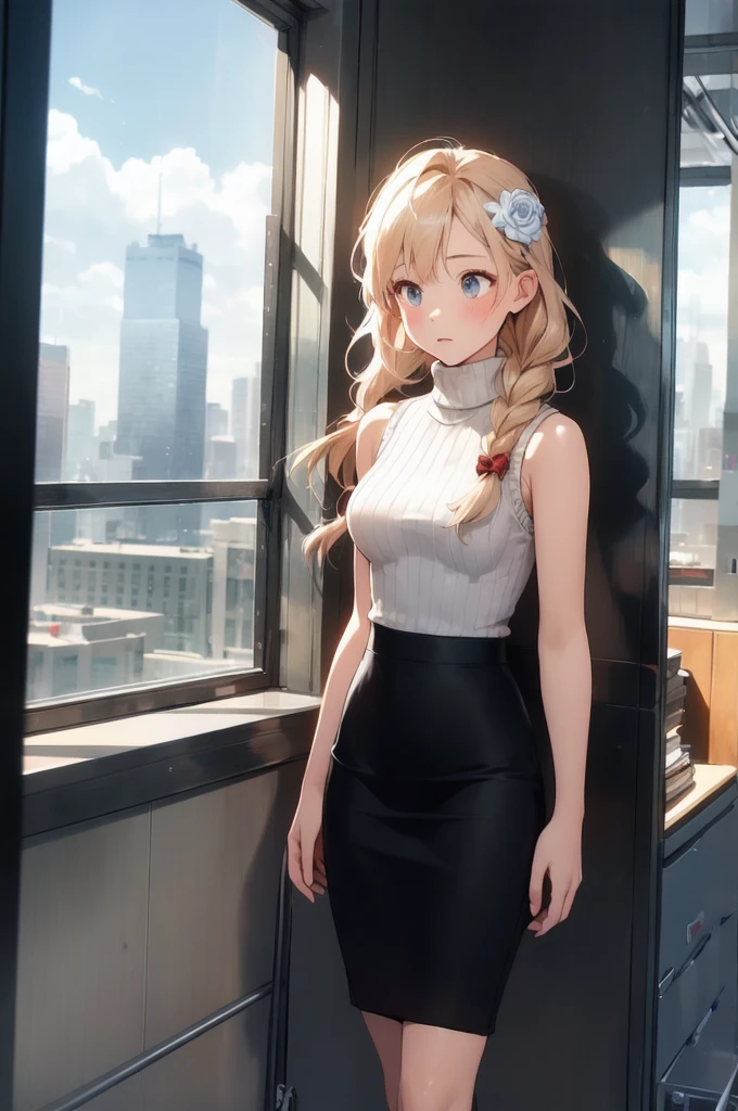  6yo girle face, braid, hair flower, rose, indoors, standing, looking away, facing away, looking out window, window, cityscape, skyscraper, long hair ,office lady ,pencil skirt ,ribbed sweater , skirt ,sleeveless ,sleeveless sweater , sweater , stockings ,turtleneck,turtleneck sweater